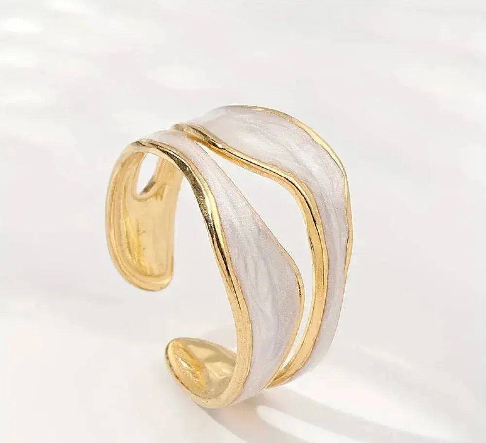 Open Wavy Ring with White Enamel and Gold-Tone Edges
