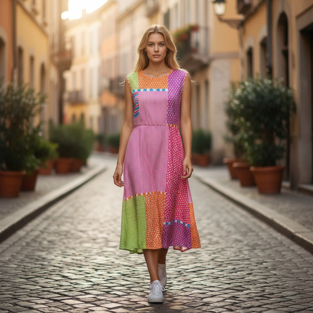 Jurk met patchworkprint, losse snit en lichte val