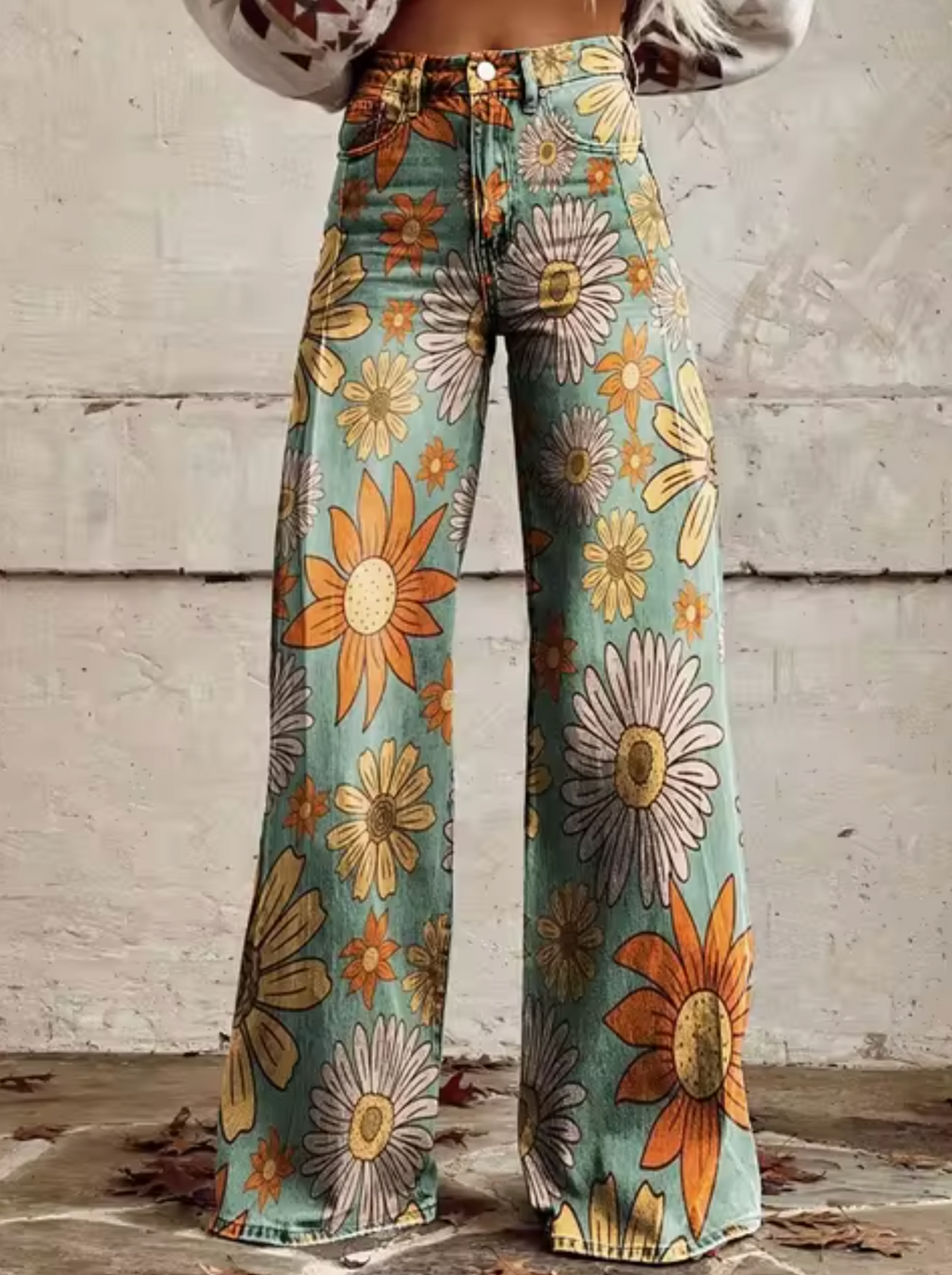 Broek met print, wijde pijpen, hoge taille en retro uitstraling