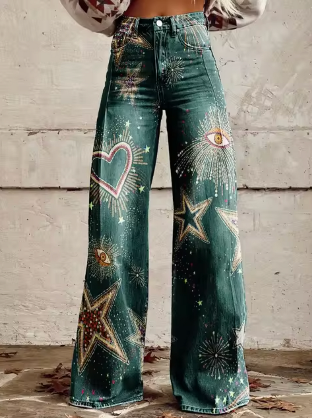 Broek met print, wijde pijpen, hoge taille en retro uitstraling