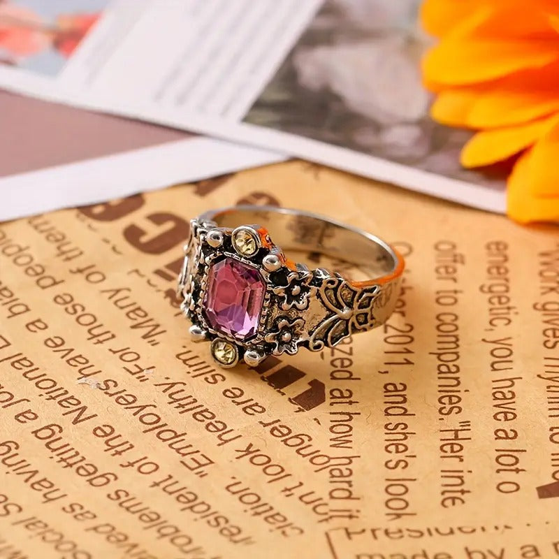 Vintage-Style Gold-Tone Ring with Pink Zirconia and Filigree