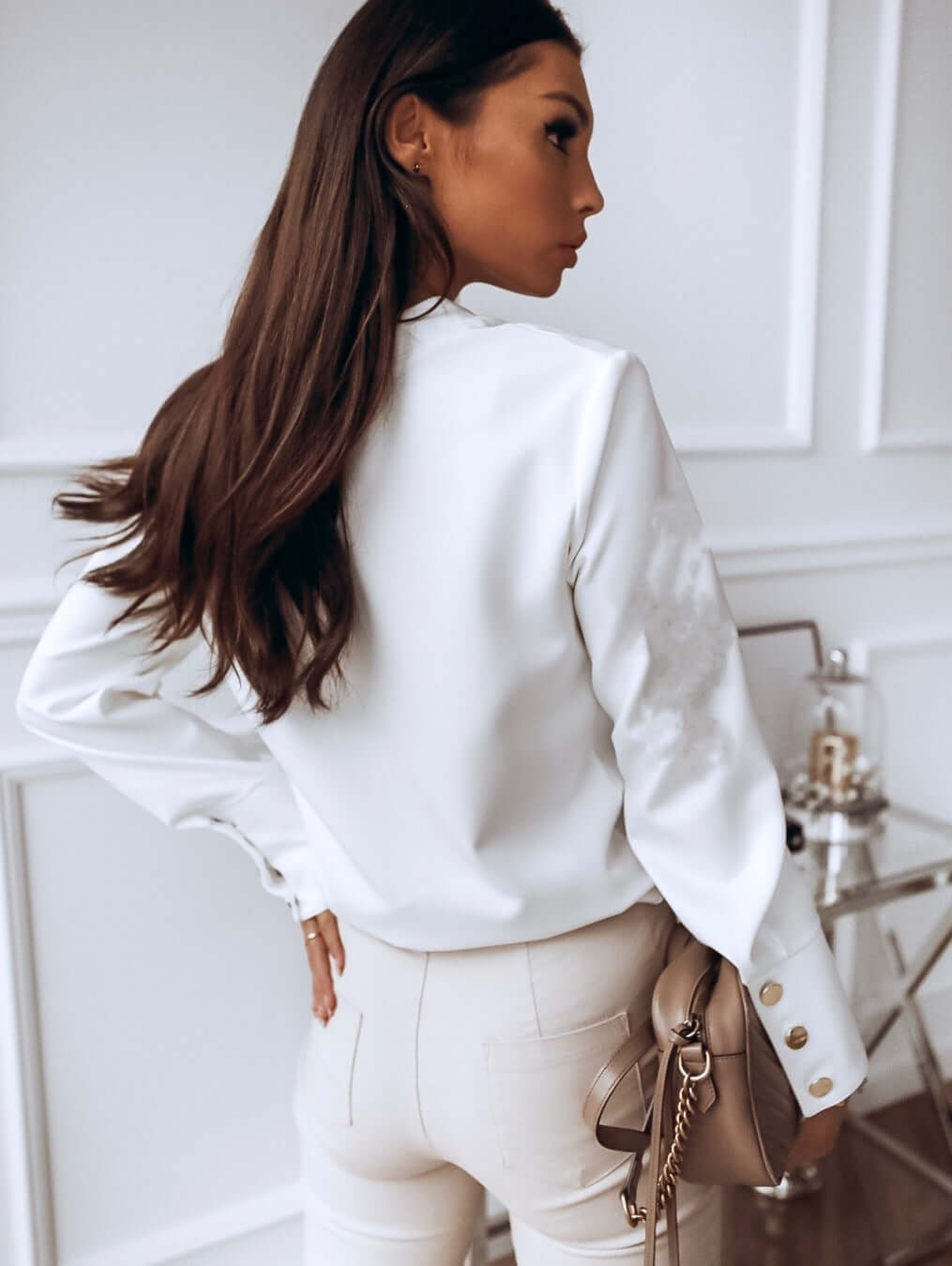 High-Neck Blouse with Long Sleeves and Button Cuffs