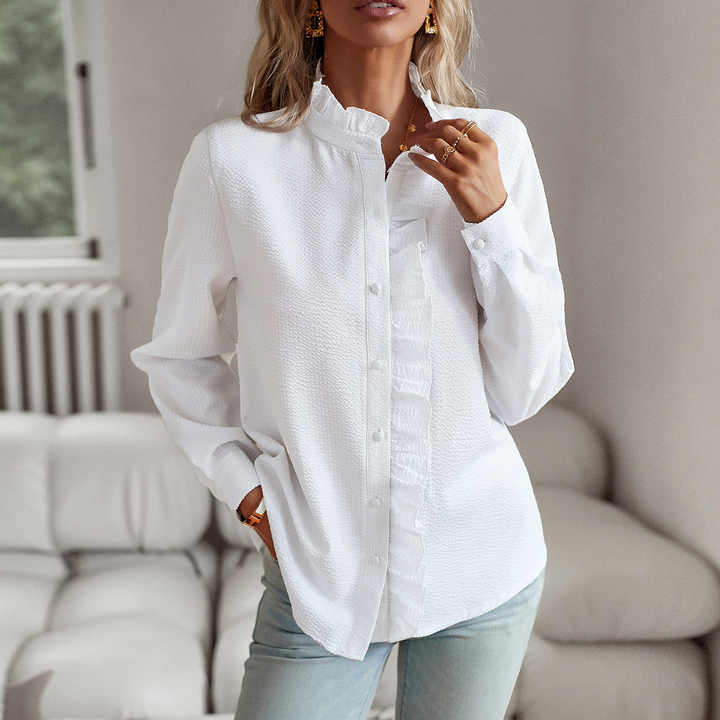 Ruffle-Collar Blouse with Button Cuffs