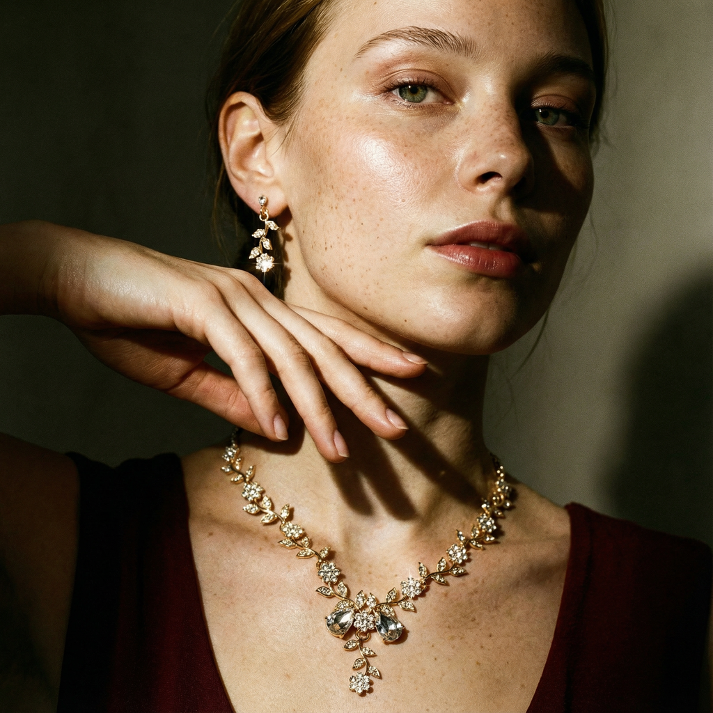 Bloemige kristalset met ketting en oorbellen met blaadjes