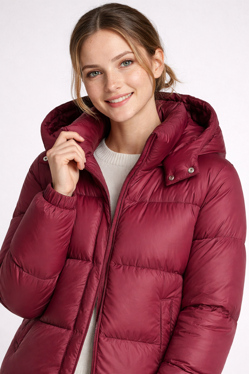 Two-Tone Quilted Hooded Coat with Stand Collar and Zip