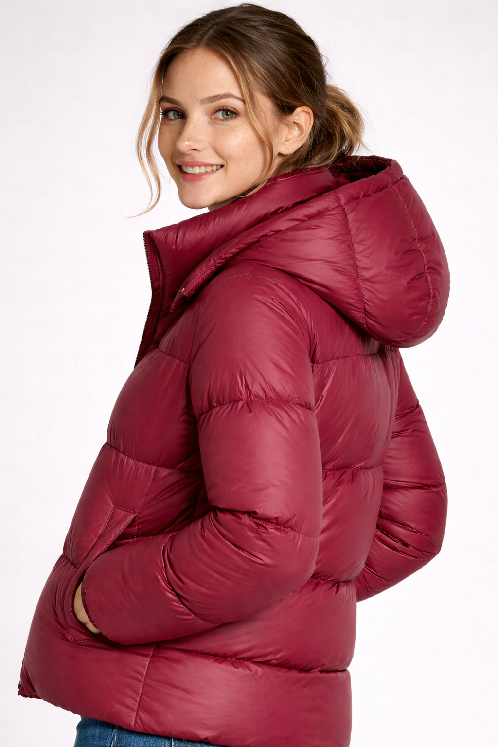 Two-Tone Quilted Hooded Coat with Stand Collar and Zip