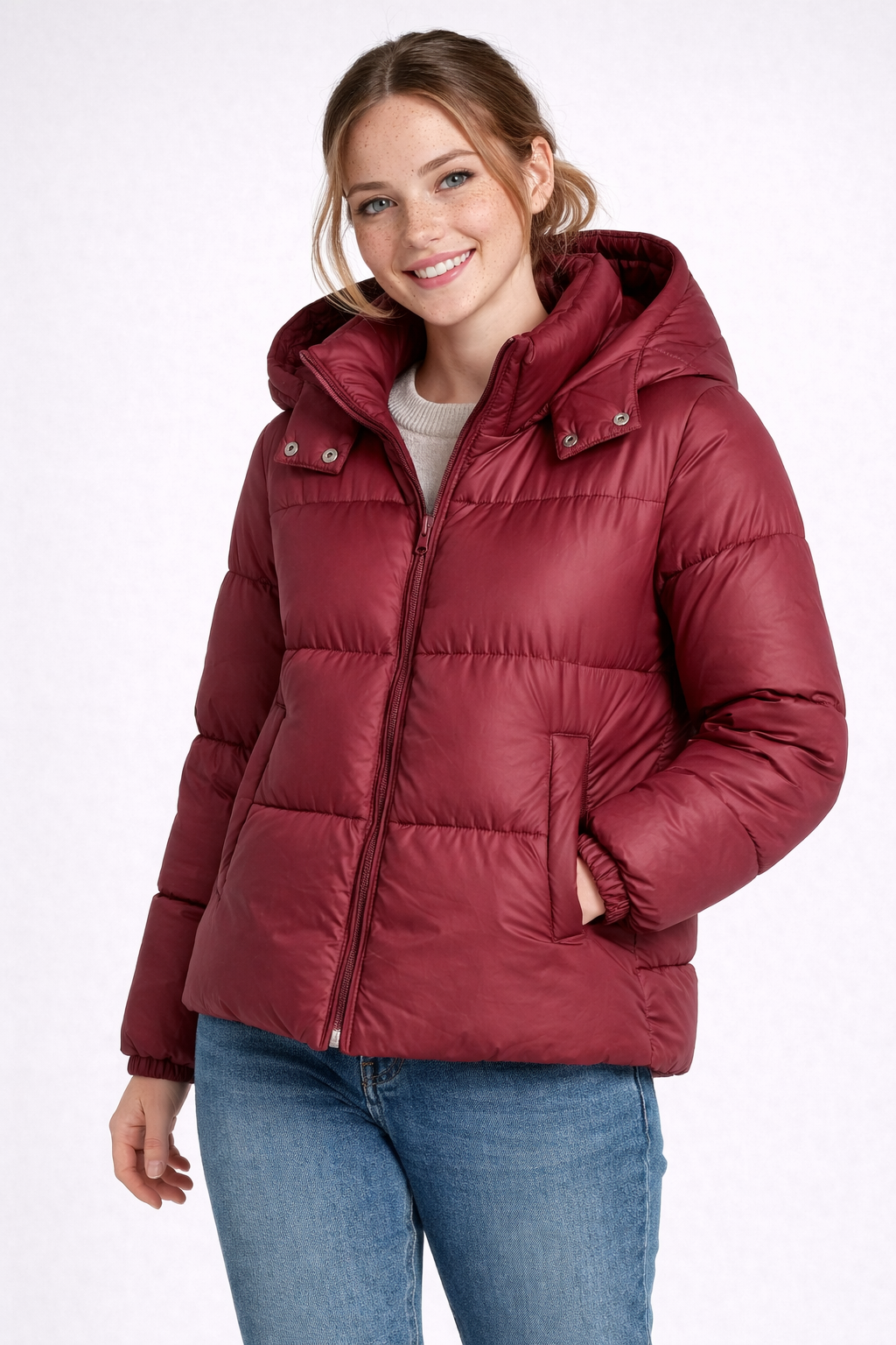 Two-Tone Quilted Hooded Coat with Stand Collar and Zip