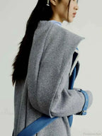 Longline Coat with Detachable Contrast Panel and Turn-Down Collar