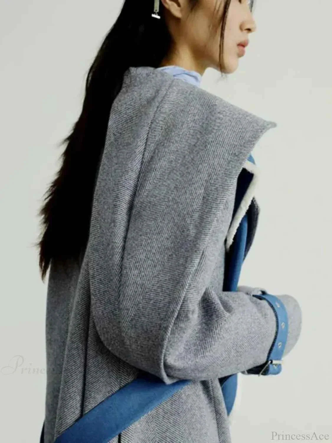 Longline Coat with Detachable Contrast Panel and Turn-Down Collar