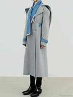 Longline Coat with Detachable Contrast Panel and Turn-Down Collar