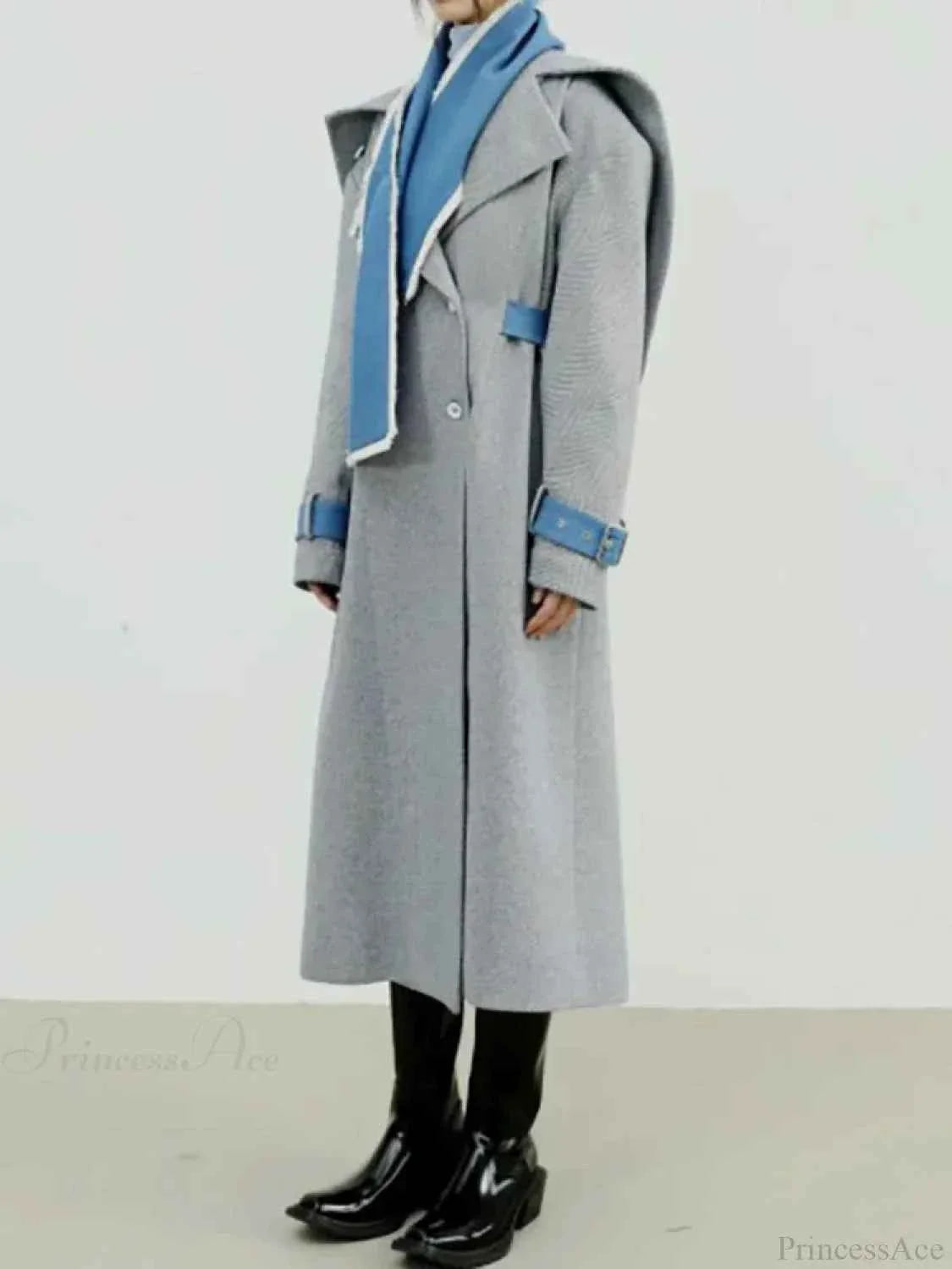 Longline Coat with Detachable Contrast Panel and Turn-Down Collar