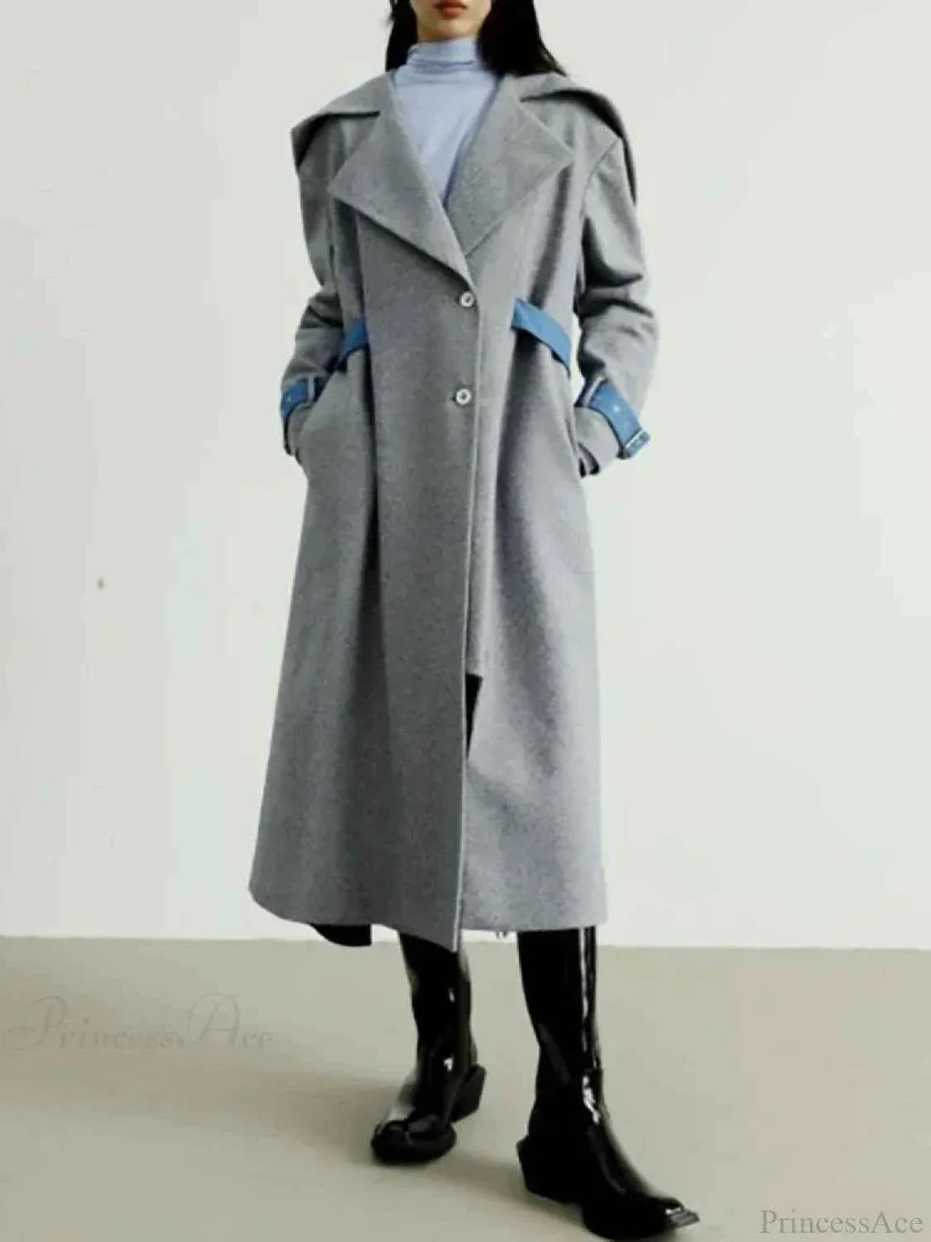 Longline Coat with Detachable Contrast Panel and Turn-Down Collar
