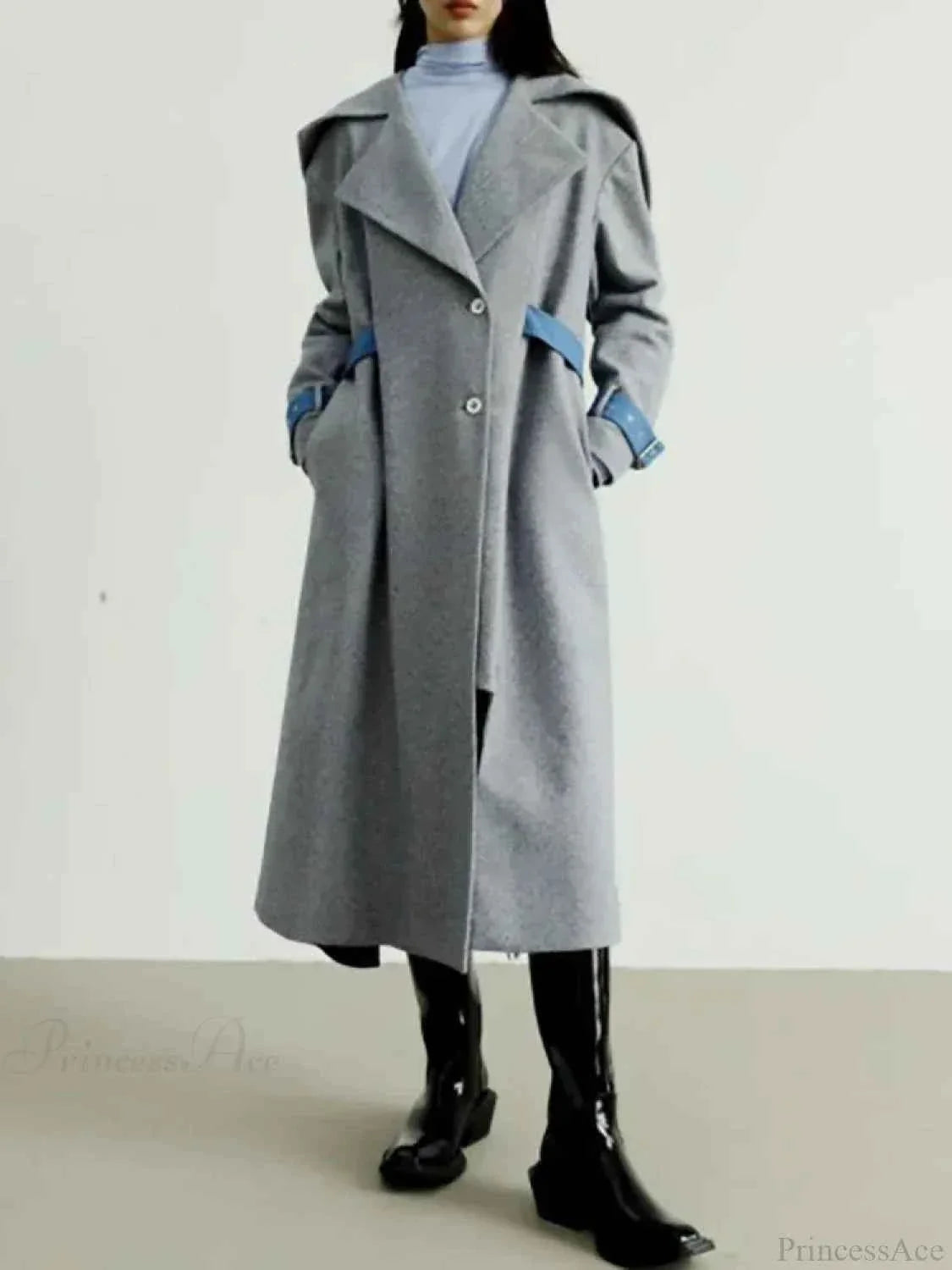 Longline Coat with Detachable Contrast Panel and Turn-Down Collar