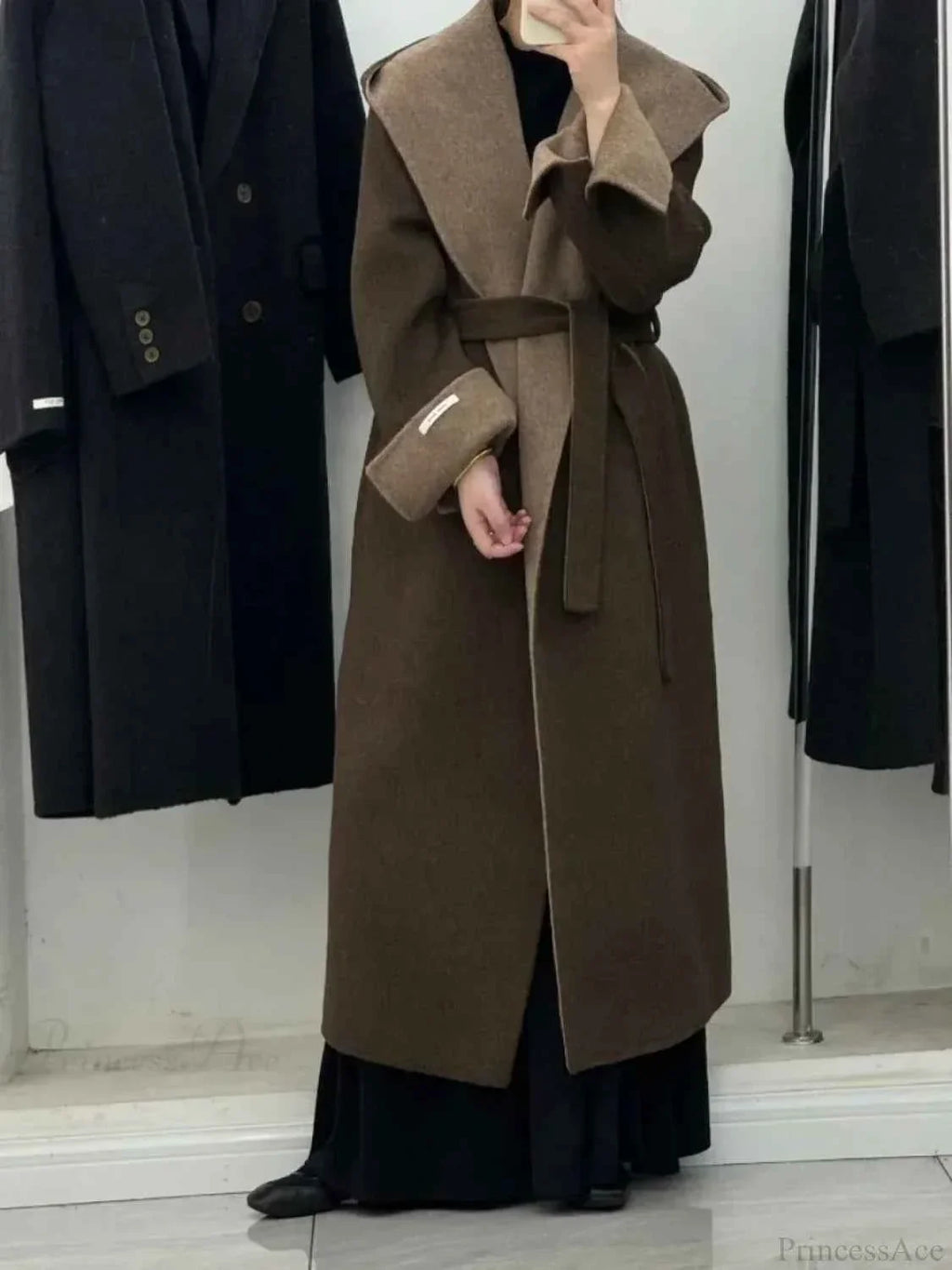 Hooded Brushed Coat with a Long Loose Office Line