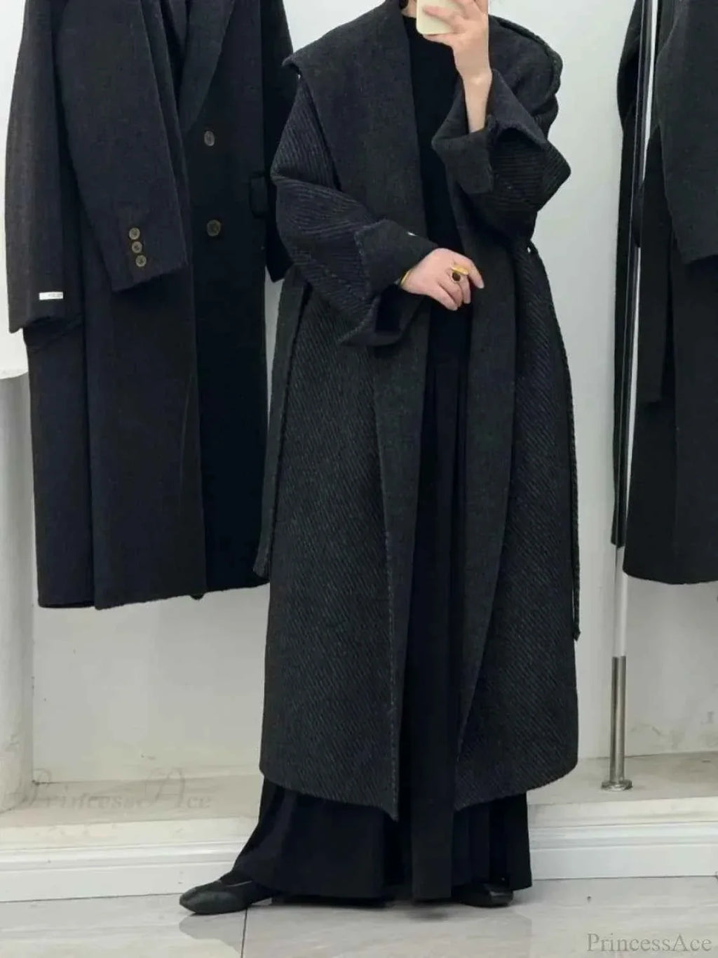 Hooded Brushed Coat with a Long Loose Office Line