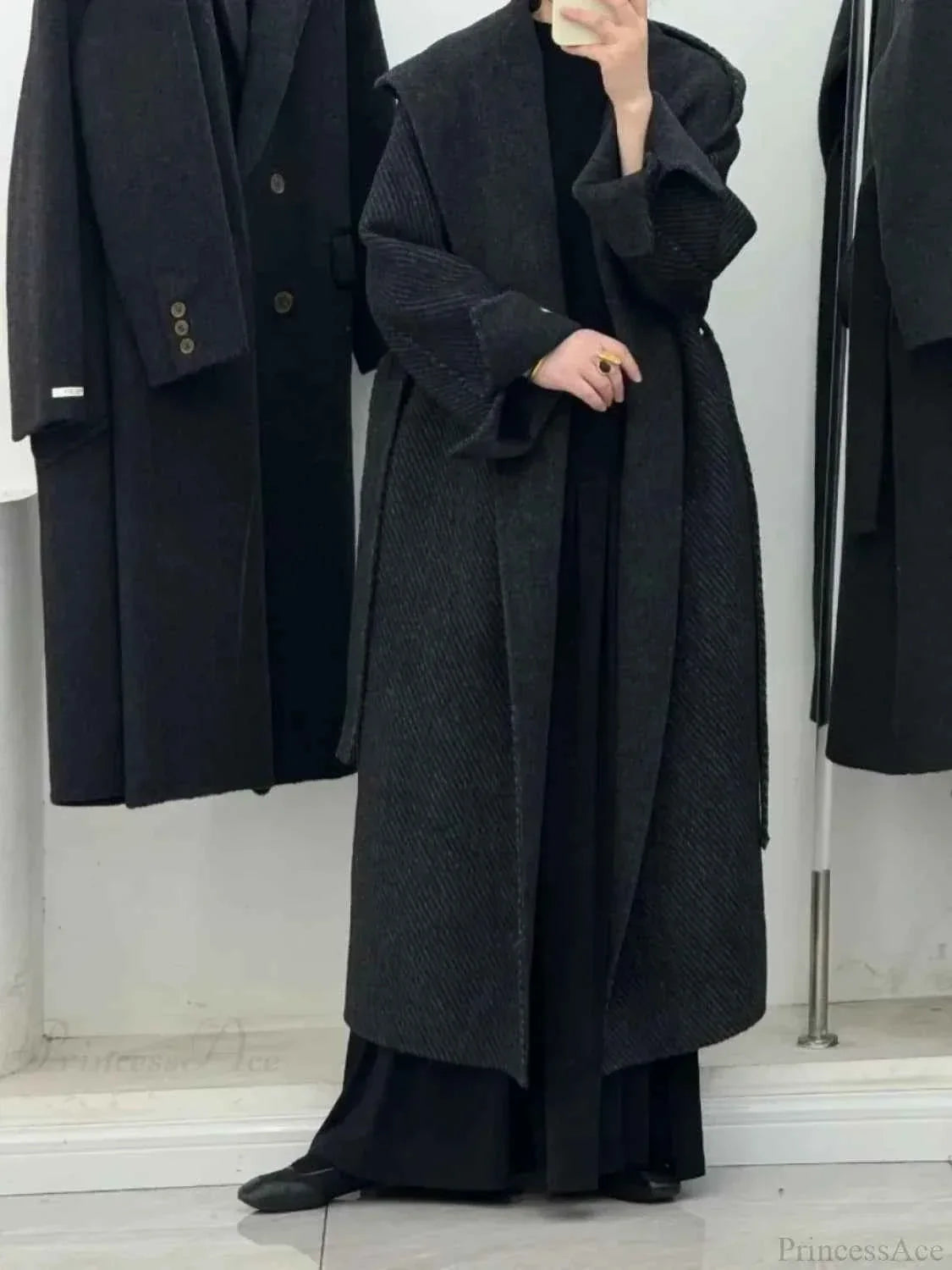 Hooded Brushed Coat with a Long Loose Office Line