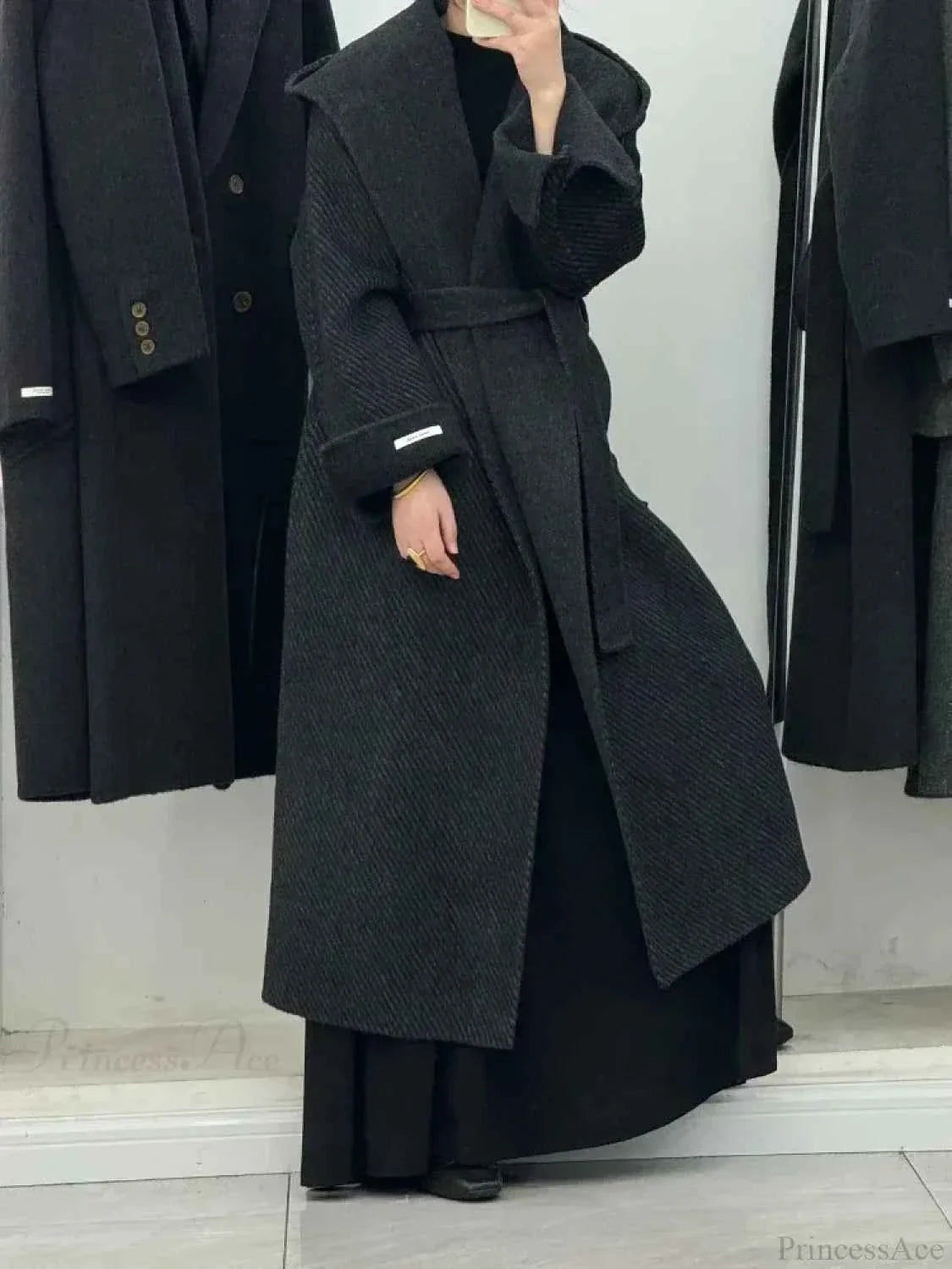 Hooded Brushed Coat with a Long Loose Office Line