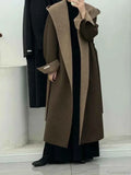 Hooded Brushed Coat with a Long Loose Office Line