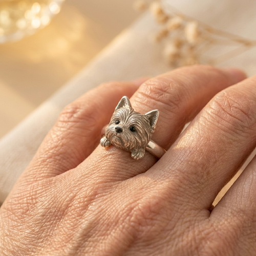 Adjustable Silver-Tone Dog Face Ring