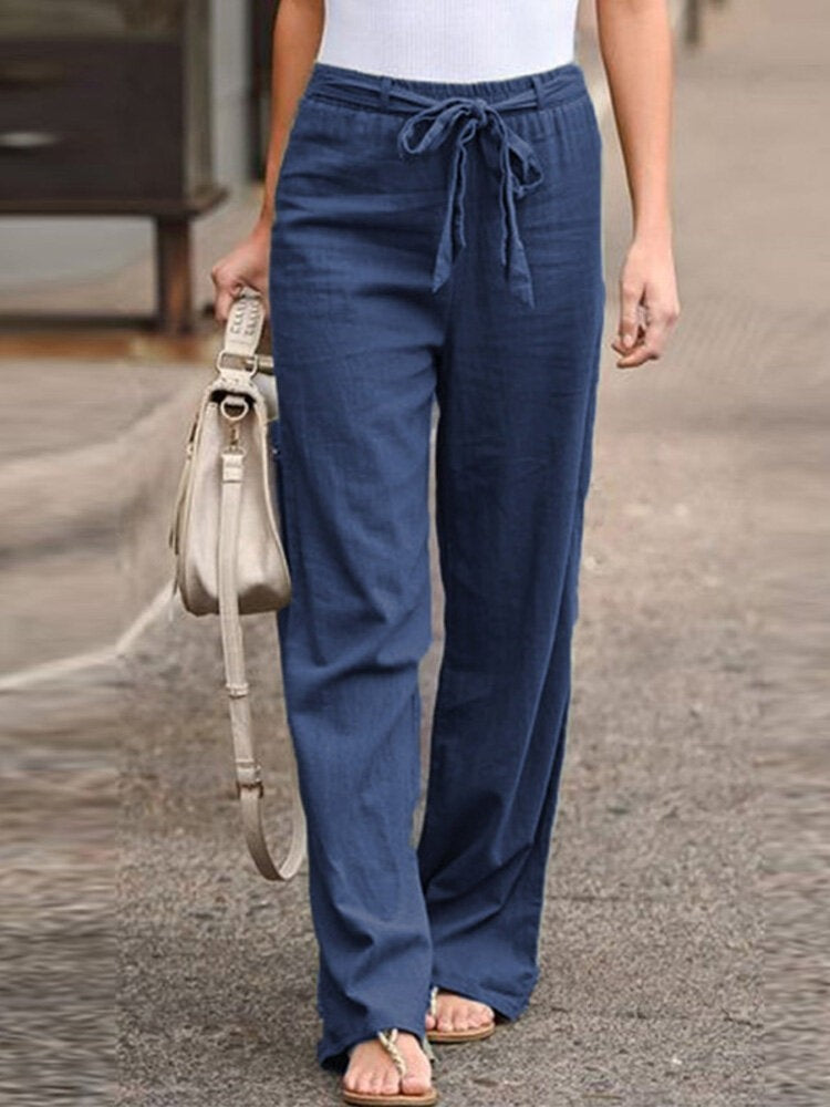 Linen Wide-Leg Trousers with a Drawstring Tie