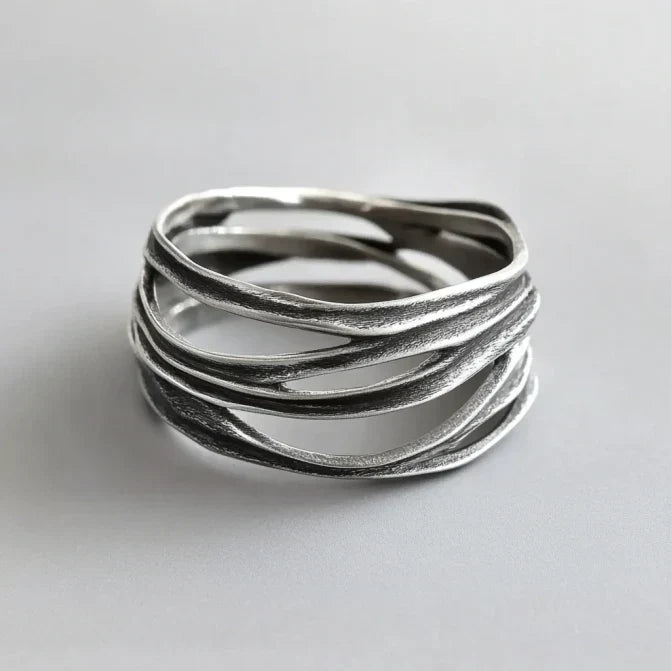 Multi-Strand Silver-Tone Wrap Ring with Dark Accents