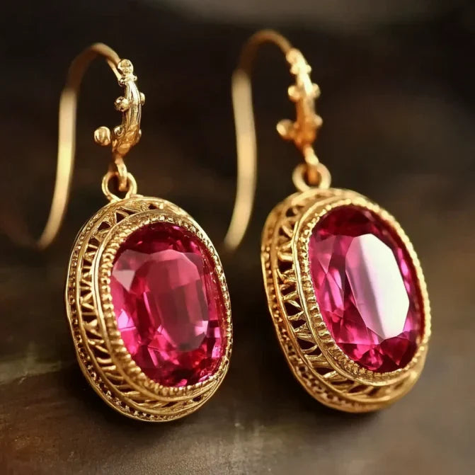 Vintage-Style Garnet Glass Gold-Tone Earrings