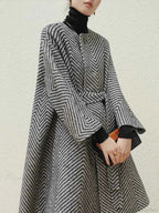 Zigzag Pattern A-Line Coat with Raglan Sleeves and Lining